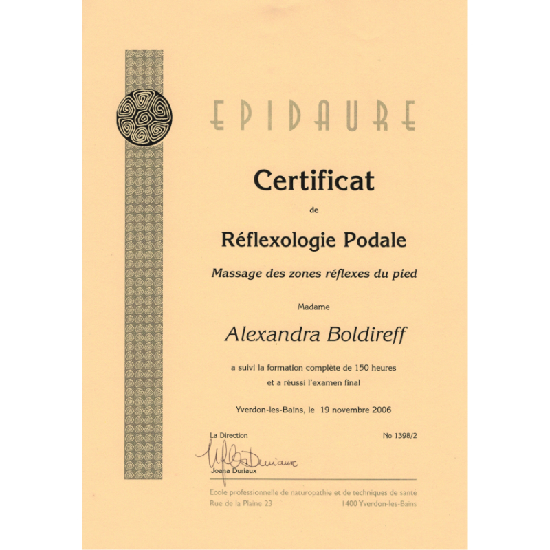 Aux Mains Sages - Alexandra Boldireff Certification: Foot Refexology