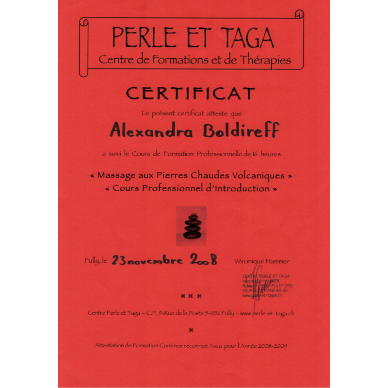 Aux Mains Sages - Alexandra Boldireff Certification: Hot Volcanic Stone Massage