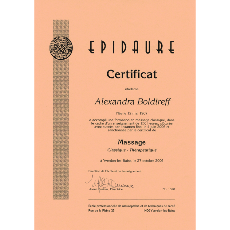 Aux Mains Sages - Alexandra Boldireff Certification : Formation massage classique thérapeutique