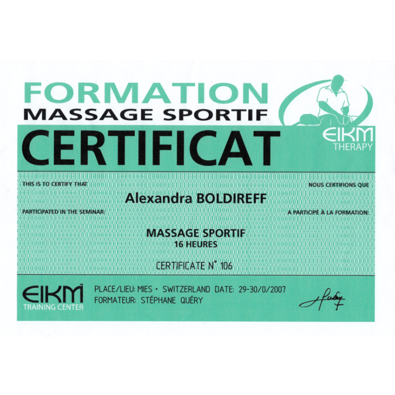 Aux Mains Sages - Alexandra Boldireff Certification : Formation massage sportif